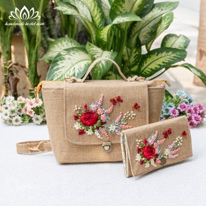 Ensemble de sacs et portefeuilles en toile de jute | Sac de docteur | Portefeuille pour femme brodé à la main