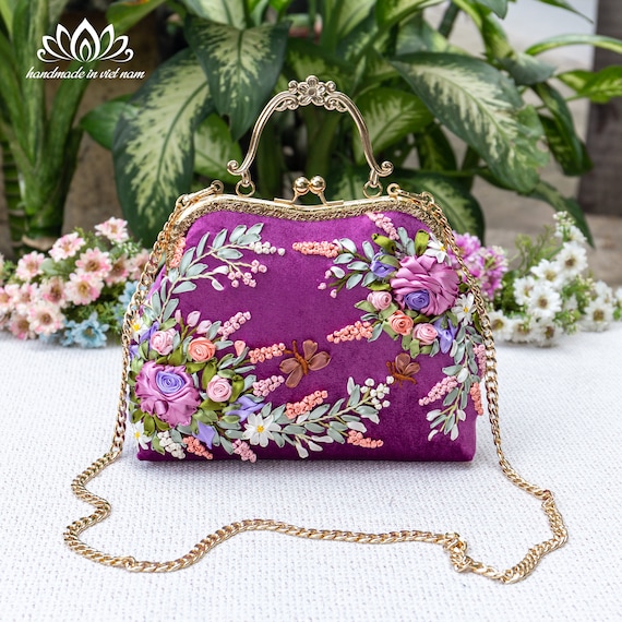 Velvet Kiss Lock Bag With Ribbon Embroidery for Her - Etsy Australia