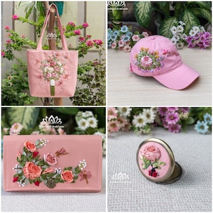 El juego de bordado de rosas incluye bolso de mano, gorra de béisbol, billetera, espejo de maquillaje / Bordado de cinta único