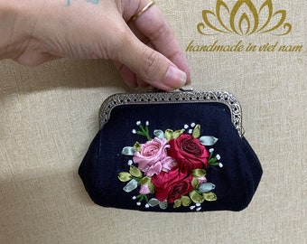 Embroidery coin purse, Small coin purse with hand ribbon embroidery, Hand embroidery linen purse