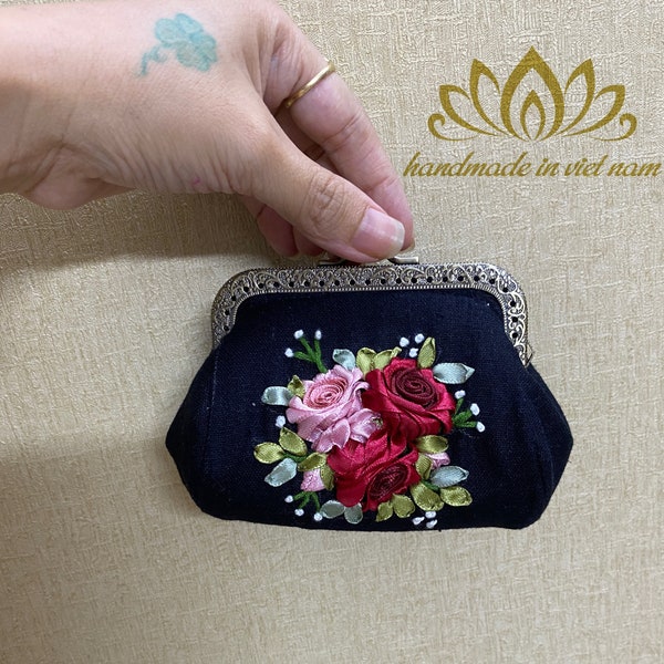 Embroidery coin purse, Small coin purse with hand ribbon embroidery, Hand embroidery linen purse