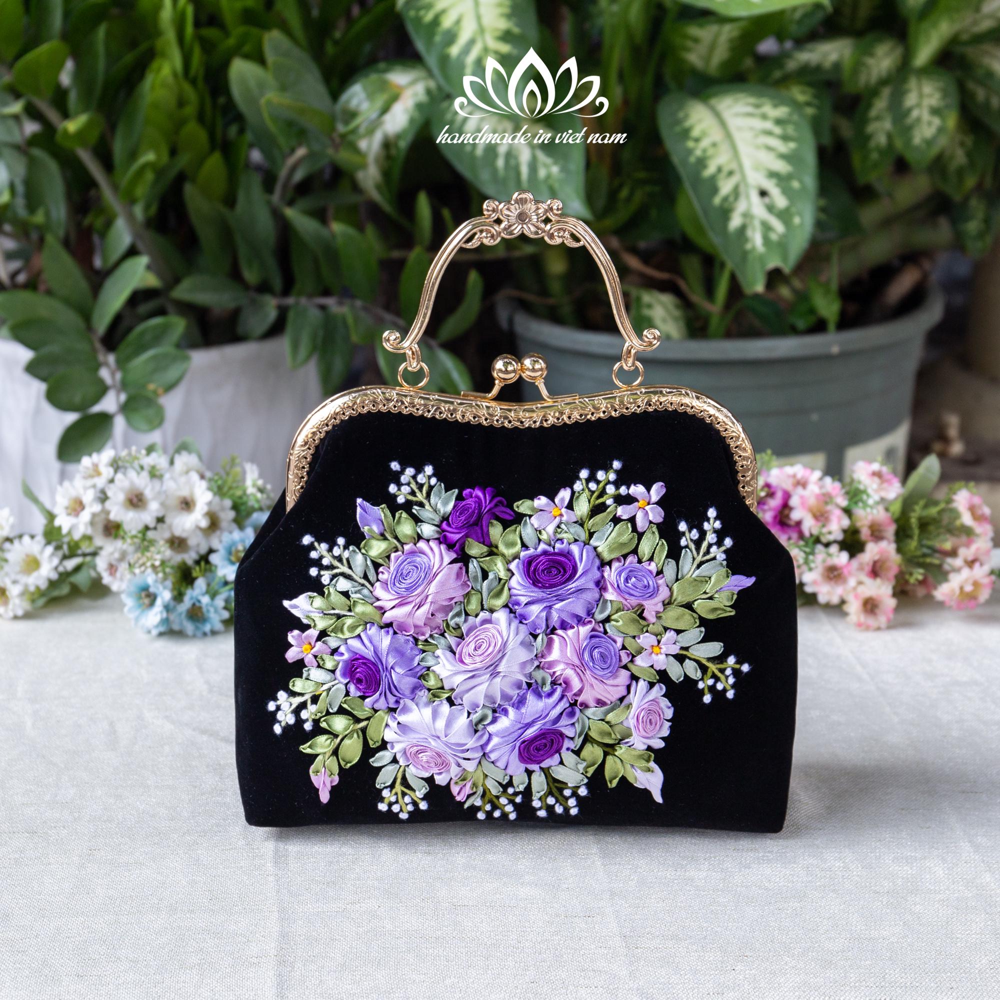 Velvet Kiss Lock Bag With Hand Embroidered Ribbon Roses - Etsy
