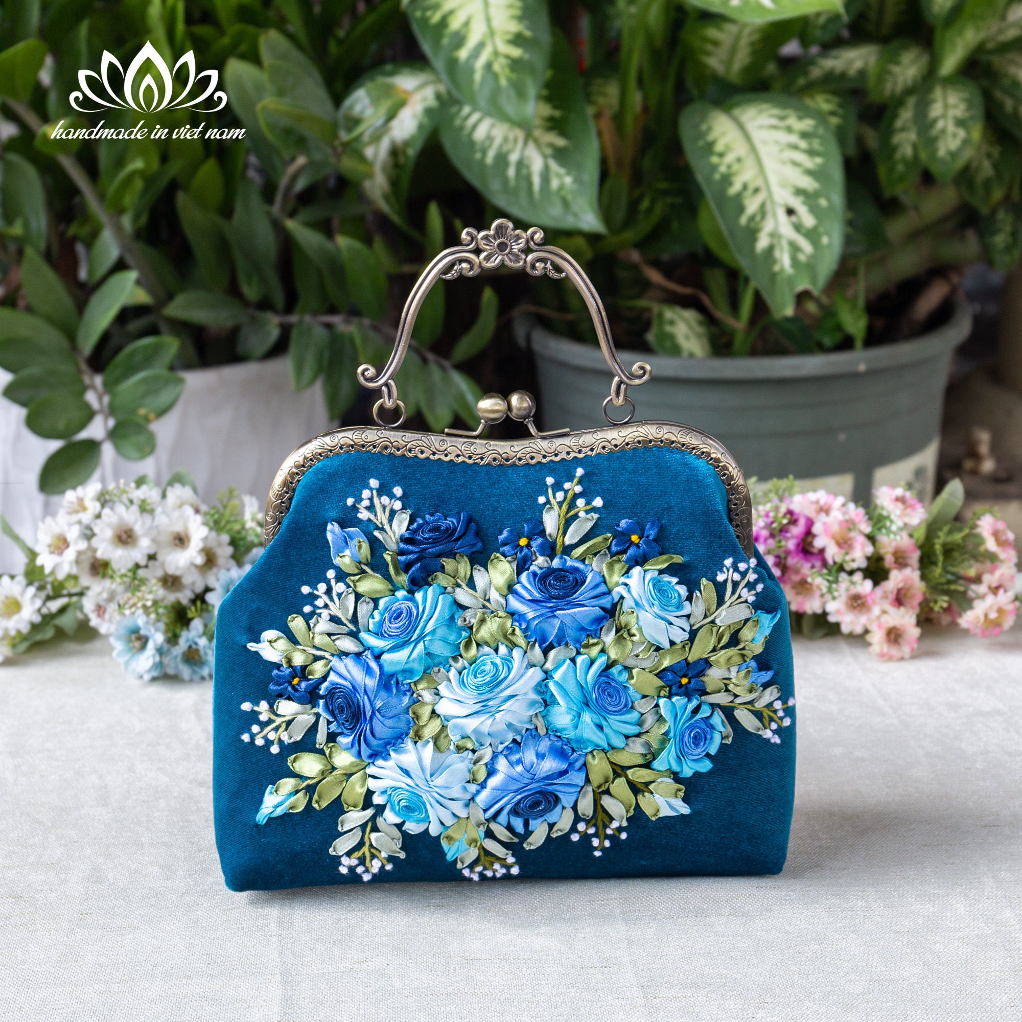 Velvet Kiss Lock Bag With Hand Embroidered Ribbon Roses - Etsy