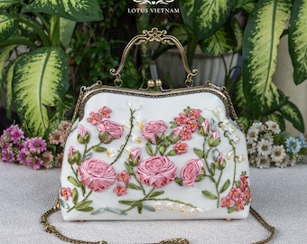 Handmade Velvet Kiss Lock Handbag | Vintage Rose Ribbon Embroidered Clutch