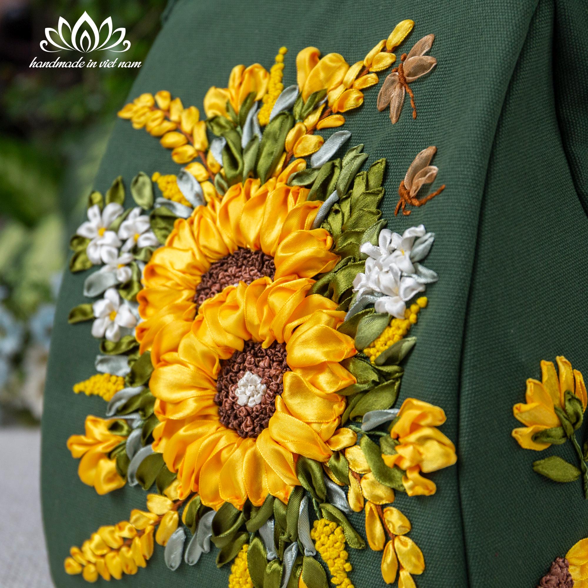 Beautiful Sunflower Embroidery Backpack, Unique Ribbon 