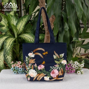 Embroidered tote bag with Zipper, Unique ribbon embroidery