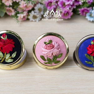 Embroidered pocket mirror | Embroidered silk ribbon | Makeup Pocket Mirror | Compact Mirrors | Bridesmaids gift