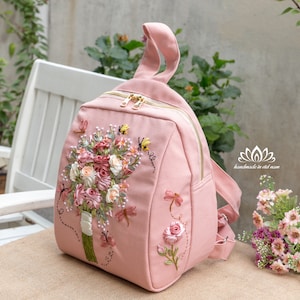 Backpack embroidered with ribbon flowers | Handmade backpack with sturdy seams | Unique gift