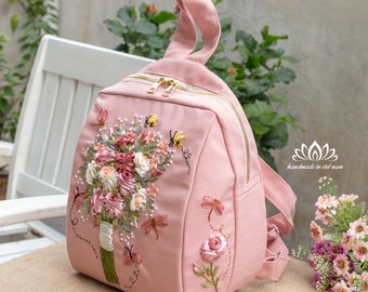 Backpack embroidered with ribbon flowers | Handmade backpack with sturdy seams | Unique gift