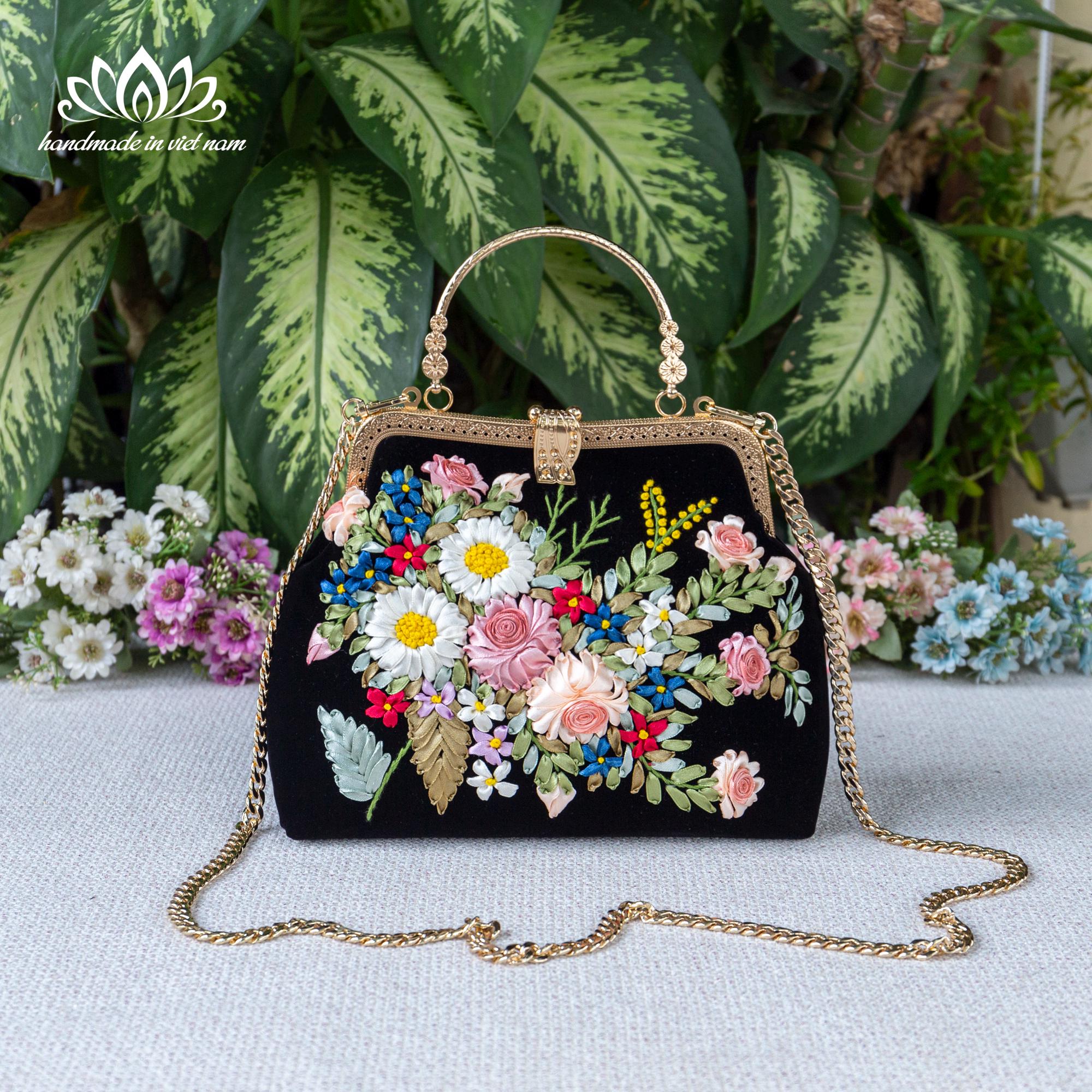Hand bag with chain strap, Unique ribbon flower embroidery bag, velvet fabric