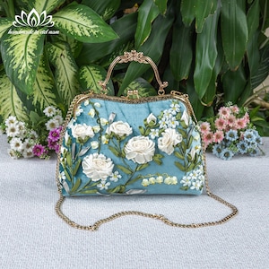 Embroidered handbag | ribbon embroidery | Optional mask or mirror gift