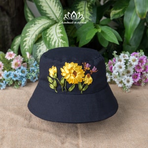 Canvas bucket hat, embroidered hats, ribbon embroidery