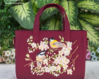 Hand Embroidered Tote Shoulder Bag with Ribbon Bird Design, Small Everyday Bag