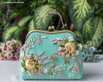 Hand bag with shoulder strap, Unique ribbon flower embroidery bag