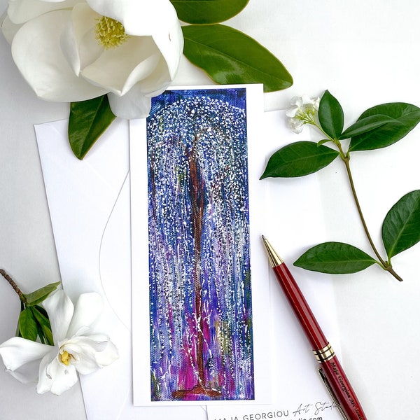 Blank Notecard Willow Tree in Etherial White Light, 3.67x8 from original Landscape painting, Card for all occasions for friend/family, gift