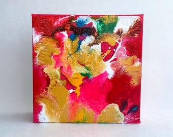 Small Original Abstract painting, Colorful wall art, 6x6 inches acrylic on canvas, art for shelf, desk or wall, happy art, gift for her/him