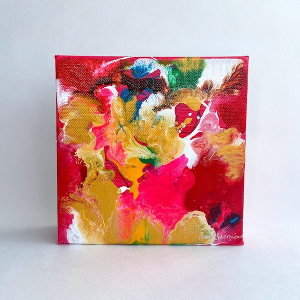 Small Original Abstract painting, Colorful wall art, 6x6 inches acrylic on canvas, art for shelf, desk or wall, happy art, gift for her/him