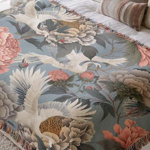 Elegant Crane and Peony Woven Throw Blanket Luxury Bedroom Living Room Statement