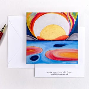 Biglietto d'auguri vuoto con alba calma e busta per appunti scritti a mano. Biglietto d'auguri artistico stazionario per tutte le occasioni. Biglietto con paesaggio dell'isola