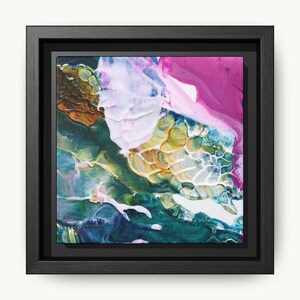 Mini lienzo enmarcado con impresión abstracta de 6 x 6 pulgadas, arte de pared colorido, regalo para ella, decoración de escritorio, estante moderno, pieza de arte de oficina