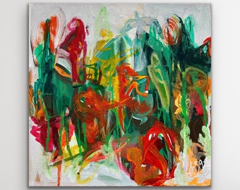 Resumen abstracto, Jardín de verano en plena floración, Carolina del Norte, Pintura acrílica original de 12x12 pulgadas, arte lúdico caprichoso