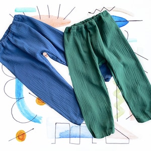 Pantalones de muselina para niños, gasa doble, selección de colores, consultas de clientes, puños/cinturilla elástica, pantalones bombachos ajustables, pantalones para crecer a lo largo de 80-158, vacaciones de verano para niños