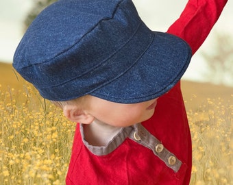 Elbsegler Michel Chapeau Unique Jeans Bleu Michel Chapeau Kartuz avec Visière Enfant Michel Chapeau Bouton Couleurs Naturelles Chapeau Enfant