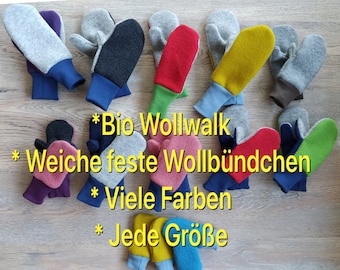 Handschuhe Fäustlinge Kind Bio Wolle Schurwolle Wollwalk Wollbündchen Geschenk Überraschung Uni Bunt