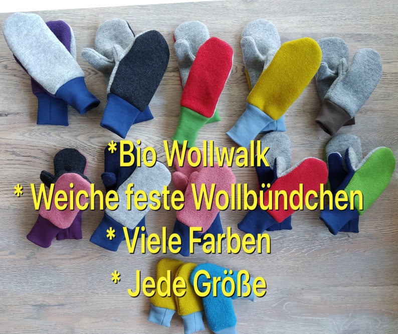 Handschuhe Fäustlinge Kind Bio Wolle Schurwolle Wollwalk Wollbündchen Geschenk Überraschung Uni Bunt Bild 1