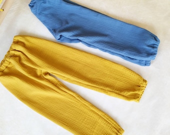 Pantaloni in mussola per bambini, doppia garza, selezione di colori, richieste dei clienti, polsini/cintura elastica, pantaloni a pantaloncino regolabili, pantaloni che crescono insieme, 80-158, bambino, vacanze estive