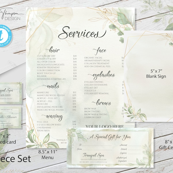 Spa Business Bundle, Salon Menu, Custom Menu, DIY Services Price List, Nail Spa Menu Template, Business Cards, Gift Certificate, Retail Sign