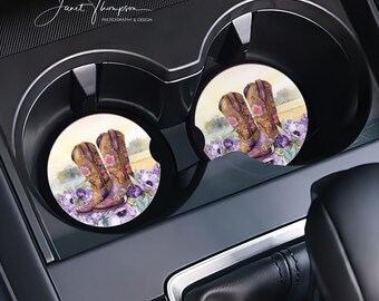 Cowgirl Cowboy Boots with Purple Flowers Car Coasters, Set of 2, Absorbent Sandstone