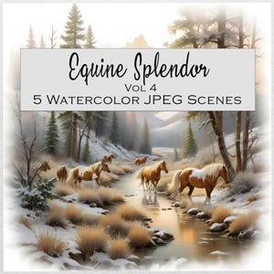 Paysage de montagne automne/hiver de cheval sauvage, 5 scènes d'équidés, mustangs sauvages, scène de forêt, design par sublimation, Equine Spendor Vol 4, JPEG