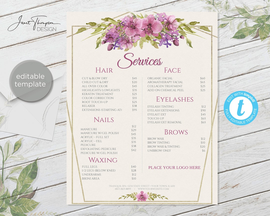 Editable Spa Menu Template: Salon Services Price List (8.5x11) - Etsy