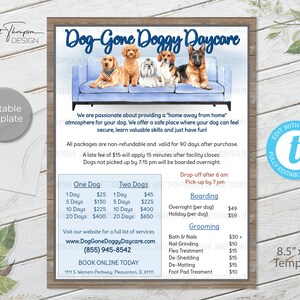 Menu voor hondenopvang, Dagopvang voor honden, Servicemenu voor hondentrimmers, Menu voor hondenspa, Dagopvang voor honden, Dierenoppas, Servicesjabloon voor dierenverzorging