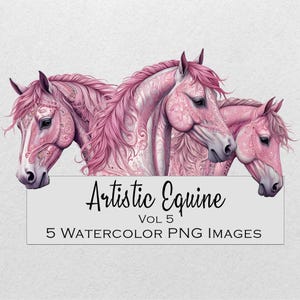 Chevaux artistiques, clipart équin abstrait, clipart aquarelle, 5 images PNG avec bkgrd transparent, baroque, sensibilisation au cancer du sein, Vol 5
