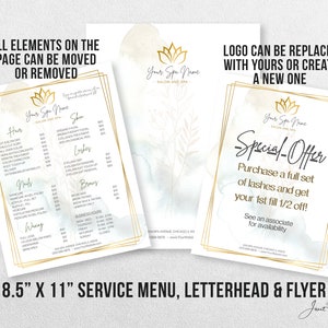 May include: A white and gold service menu, letterhead, and flyer for a spa. The menu lists services such as hair, skin, lashes, brows, and waxing. The letterhead features a gold lotus flower logo and the text "Your Spa Name". The flyer advertises a special offer for a full set of lashes with a discount on the first fill.