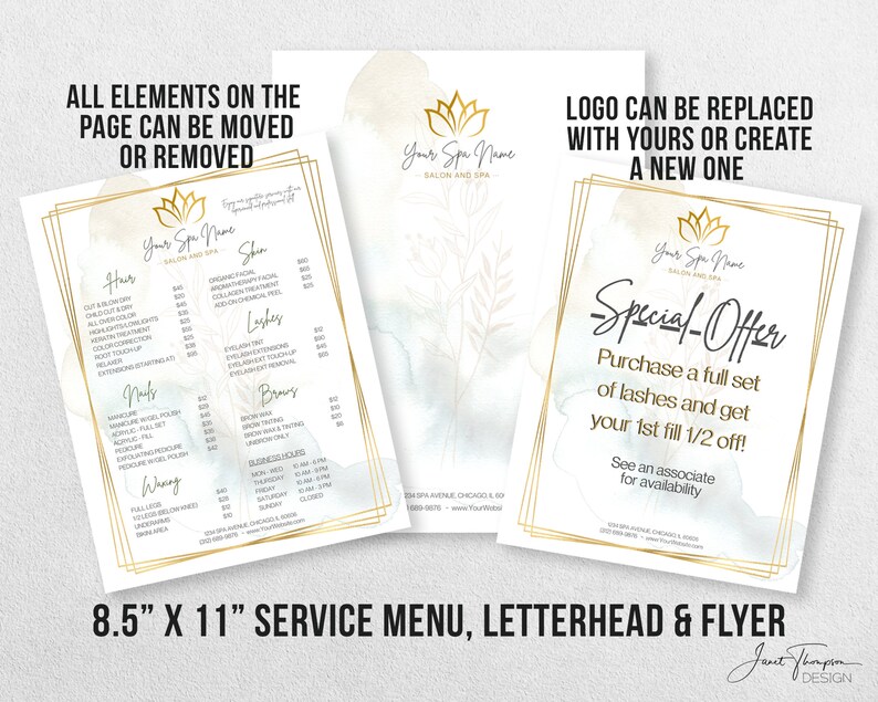 May include: A white and gold service menu, letterhead, and flyer for a spa. The menu lists services such as hair, skin, lashes, brows, and waxing. The letterhead features a gold lotus flower logo and the text "Your Spa Name". The flyer advertises a special offer for a full set of lashes with a discount on the first fill.
