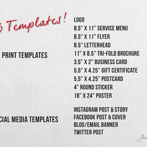 May include: A list of 16 printable templates for logos, business cards, flyers, brochures, gift certificates, postcards, stickers, posters, and social media posts. The text "16 Templates!" is written in red at the top of the page.