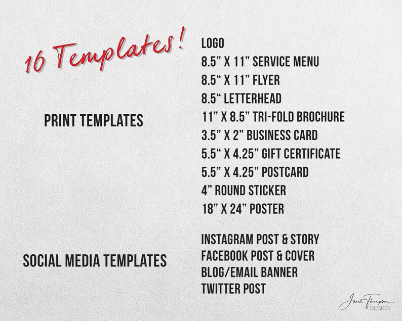 May include: A list of 16 printable templates for logos, business cards, flyers, brochures, gift certificates, postcards, stickers, posters, and social media posts. The text "16 Templates!" is written in red at the top of the page.