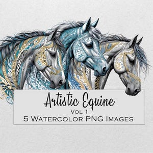 Chevaux artistiques, clipart équin abstrait, clipart aquarelle, 5 images PNG avec bkgrd transparent, Clipart équin artistique vol 1