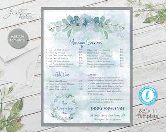 Bewerkbare menusjabloon massageservice: prijslijst salon en spa (8,5 x 11 inch)