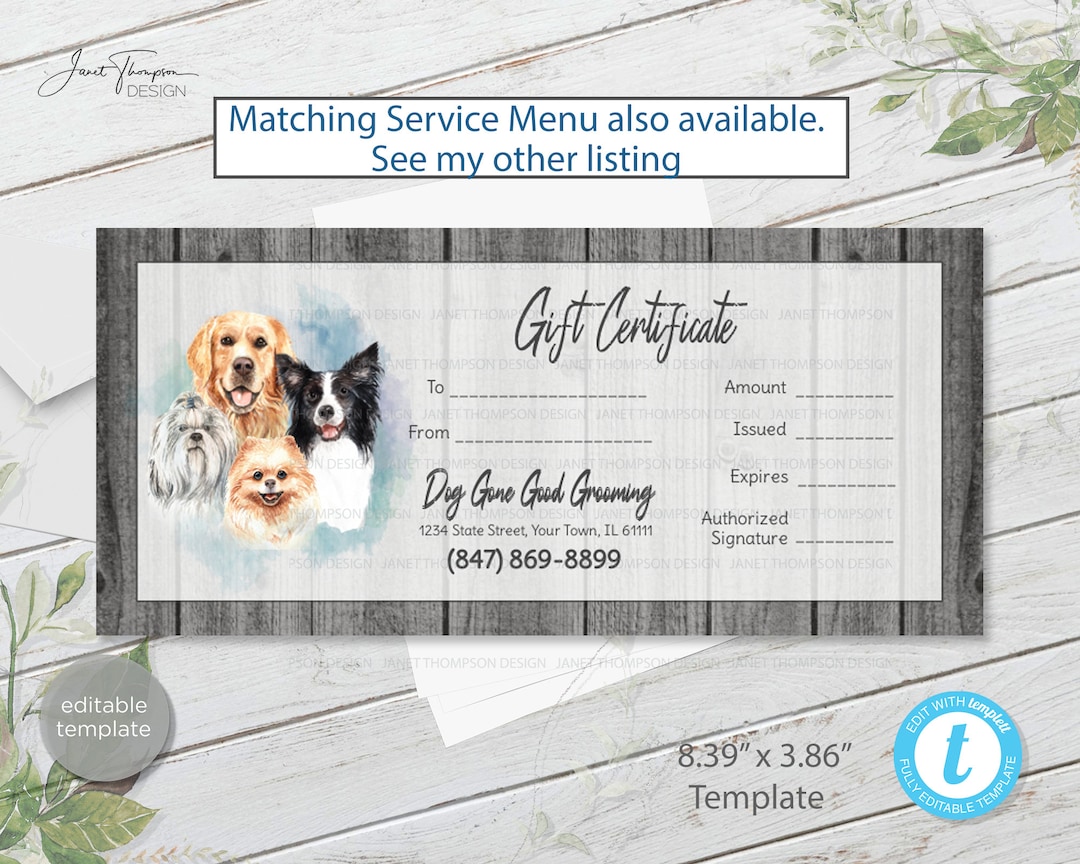 Dog Groomer Gift Certificate Template, Pet Care Gift Certificate, Pet