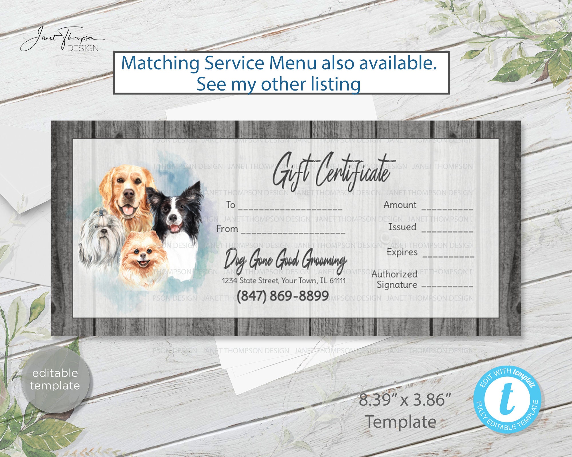 Dog Groomer Gift Certificate Template Pet Care Gift Etsy