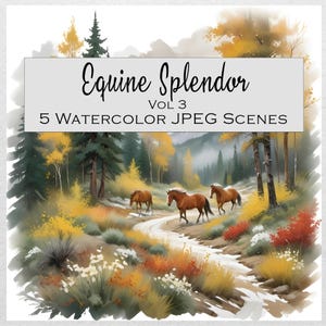 Cheval sauvage, paysage de montagne automne/hiver, 5 scènes d'équidés, mustangs sauvages, scène de forêt, sublimation, Equine Spendor Vol 3, JPEG