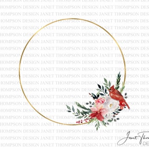Cadre floral Cardinal rouge, Cadre en or avec floral de vacances, Cadre en or, Couronne florale d’oiseau, Clipart floral, PNG, Téléchargement numérique