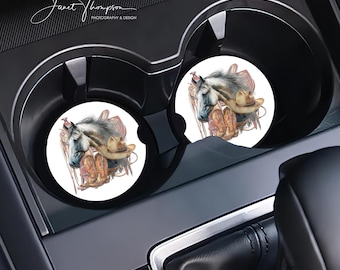 Western Horse Collage Car Coasters, Set of 2, Absorbent Sandstone