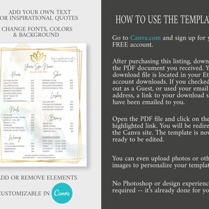 May include: A customizable spa price list template in Canva. The template features a watercolor background with a lotus flower design. The text includes the words "Your Spa Name", "Salon and Spa", "Hair", "Skin", "Lashes", "Nails", "Waxing", "Brows", and "Business Hours".