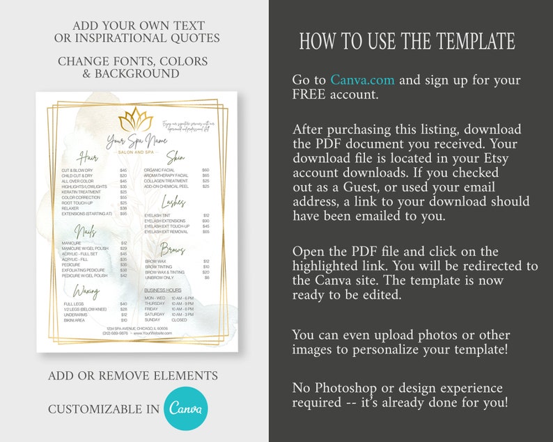May include: A customizable spa price list template in Canva. The template features a watercolor background with a lotus flower design. The text includes the words "Your Spa Name", "Salon and Spa", "Hair", "Skin", "Lashes", "Nails", "Waxing", "Brows", and "Business Hours".