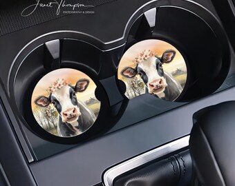 Country Cow Car Coasters, Set of 2, Absorbent Sandstone